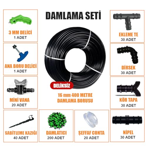 400 Metre Damla Sulama Seti Damlama Hortumu ve EK Parçaları Bahçe Ağaç Fidan Sebze Sulama Ekipmanları Damlama Borusu Sistemi Seti