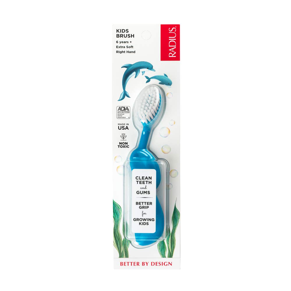 RADIUS Kids Toothbrush, Right Hand, Aqua Blue, BPA Free and ADA Accepted, Designed for Delicate Teeth and Gums, For Children 6 Years and Up