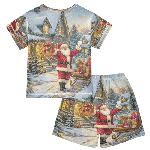 ALAZA Santa Claus Castle Xmas Merry Christmas Pajamas Set Short Sleeve Cotton Sleepwear Summer Pjs 2 Piece 5-14Y2