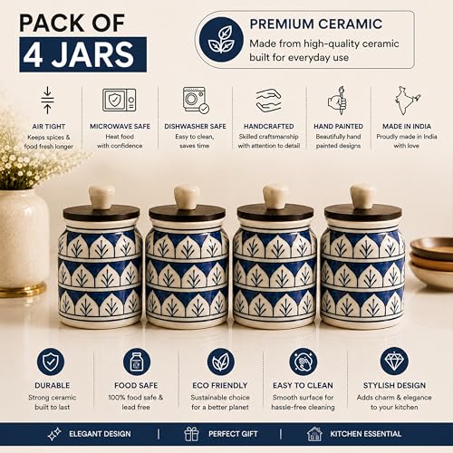 Image of Ceramic Kitchen Jars for Storage | Air Tight Containers with Wooden Lids | Masala, Salt, Pickle, Dry Fruits & Multi Utility Item Organiser Set (Hand-Painted, Blue Mughal, 450 ML, Pack of 4)