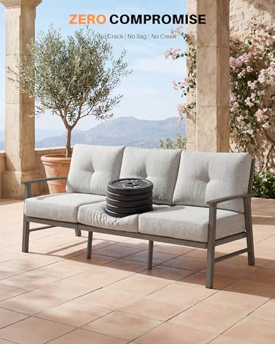 Image of 3 Seats Patio Furniture Sofa, Outdoor Aluminum Couch with 5.9'' Soft Cushion, 3-Seater All-Weather Outdoor Patio Furniture Sofa Couch for Balcony, Poolside, Lawn, Limed Oak