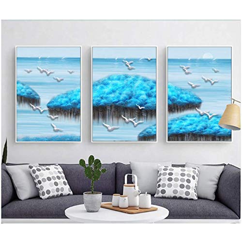 Peinture moderne lac oiseaux pour salon lumineux style épuré 50x70cm