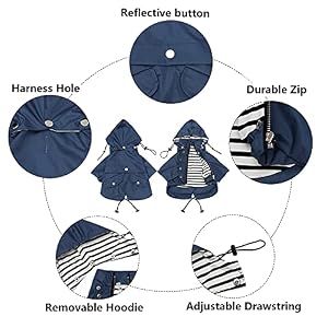 Morezi Dog Zip Up Dog Raincoat with Reflective Buttons, Rain/Water Resistant, Adjustable Drawstring, Removable Hood, Dog Raincoats with Legs 8lbs to 80lbs Available - Dark Blue - L Morezi Dog Zip Up Dog Raincoat with Reflective Buttons, Rain/Water Resistant, Adjustable Drawstring, Removable Hood, Dog Raincoats with Legs 8lbs to 80lbs Available – Dark Blue – L