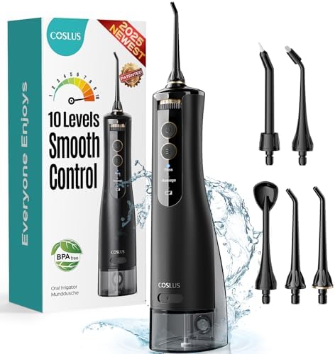 COSLUS E40 Portable Water Flosser for Teeth: 10 Pressure Settings Professional Water Dental Pick for Orthodontic, Braces & Sensitive Gums - Cordless for Travel Use, for Adults Teens, BPA-Free