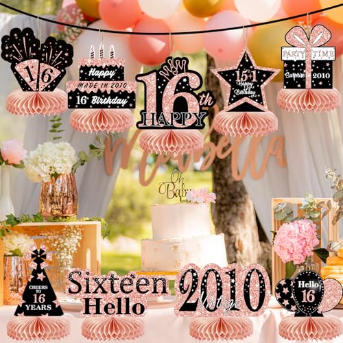 Image of 9Pcs Rose Gold Sweet 16 Birthday Decorations Honeycomb Centerpieces for Girls,Pink Happy 16th Birthday Centerpieces Tables Toppers Party Decorations Supplies 16th Table Sign Decor