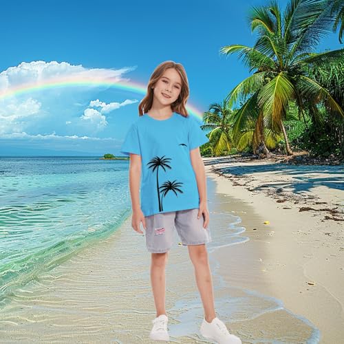 Image of Girls Hawaiian Print Beach T-Shirt Crew Neck Tops Summer Casual Short Sleeve Vacation Tees for Kids Teen 1-14 Years
