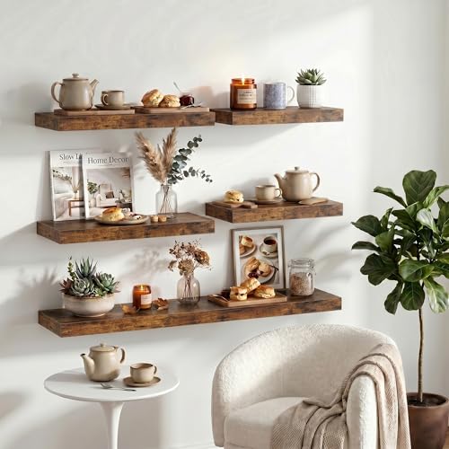 Image of Dreamland 32 inch Floating Shelves for Wall, 12 inch Deep Thicker Floating Shelves, Wall-Mounted Shelves for Bedroom, Living Room, Kitchen, Bathroom,Rustic Brown - Set of 2