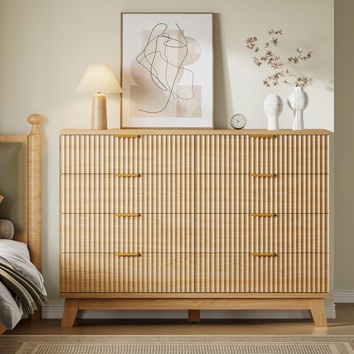 Image of BORNOON Fluted 8 Drawer Tall Dresser, 47.2 inch Wide Modern Boho Chest of Drawers, Wooden Storage Dresser TV Stand for Bedroom, Living Room, Closet, Hallway, Curved Profile Design