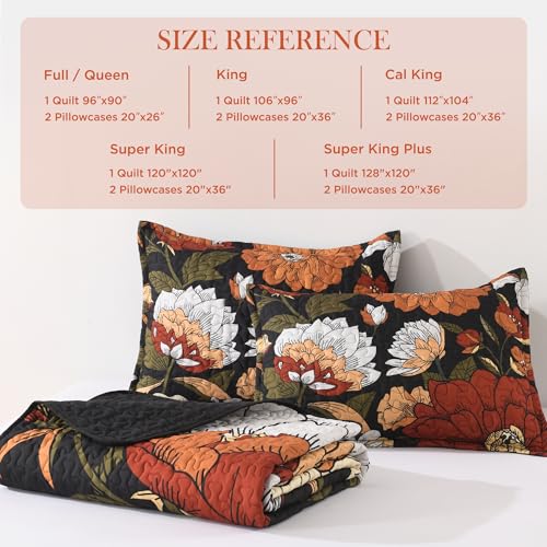 Image of Andency Floral Boho Quilt Super King Plus Size Bedding Set Black, 3 Pieces Farmhouse Flower Botanical Summer Bedspreads with 2 Shams, Soft Reversible Polyester Coverlet Set for All Season, 128 inchx120 inch