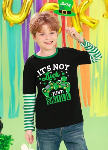 Image of Unisex Kid's St Patrick's Day Shamrock Top Striped Patchwork Irish Clover Long Sleeve Shirt 4-14 Years