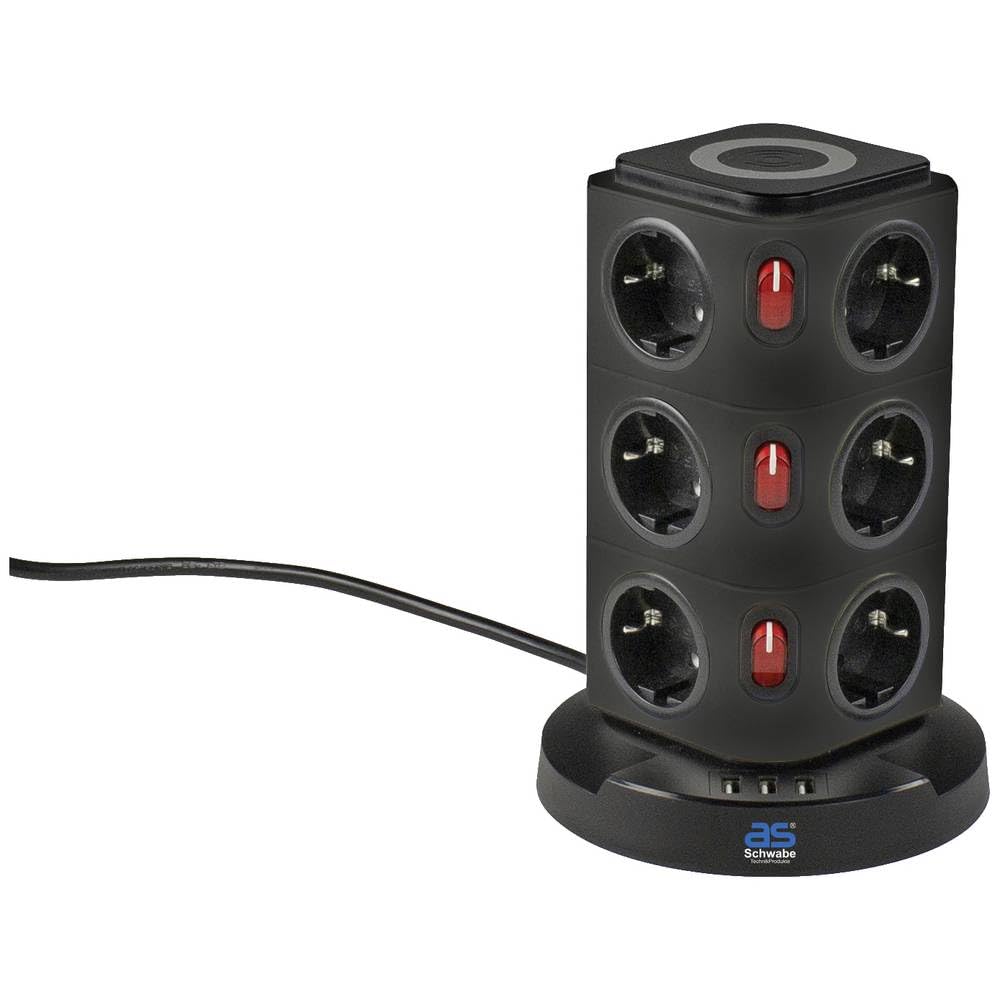 as - Schwabe 12-Fach Mehrfachsteckdose mit Induktionsladefläche | 2 m Kabel - Steckdosenwürfel mit 3 USB-Ports - Cube Steckdose - Steckdosenturm - beleuchtete Schalter, 18222