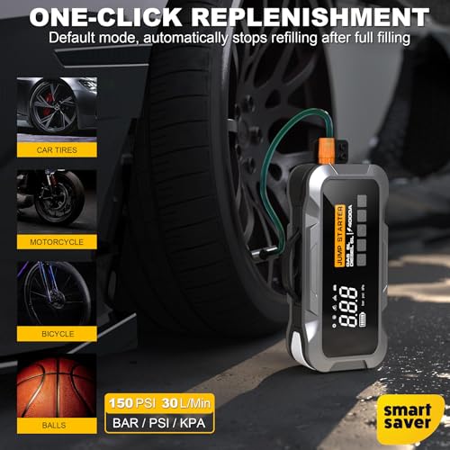 Image of Smart Saver Car Jump Starter Kit 4000A, Emergency car Starter Battery with Tyre Air Compressor, 12V, 8000mAh,LED,12VBattery Booster Pack with 150PSI Digital Tire Inflator (4 in 1 Car Kit)