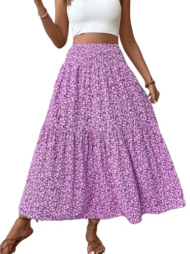 Women's Summer Floral Maxi A-Line Boho Skirt, Summer for Women 2025 Vacation Boho Floral Tiered (1,Purple Flowers)