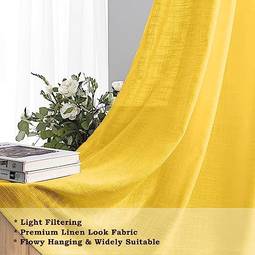 Image of THE LINEN COMPANY Cotton Sheer Curtains - Linen Texture Transparent Drapes with Rod Pocket, Light Filtering Privacy Curtains for Small Windows, 4 Feet, Lemon, Pack of 2