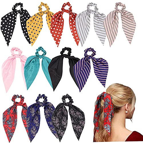 12 Pcs Hair Scarf Hair Scrunchies Chiffon Floral Scrunchie Hair Bands Ponytail Holder Scrunchy Ties 2 in 1 Vintage Accessories for Women Girls (Color M)