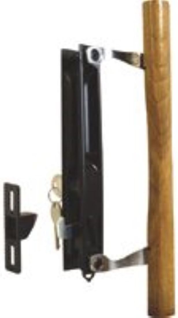 Condition photo showing New/Like New for prime-line c 1032 keyed sliding glass door handle set – replace old or damaged door handles quickly –wood and black painted diecast, hook style, flush mount, fits 6-5/8 in. hole spacing (1 set)