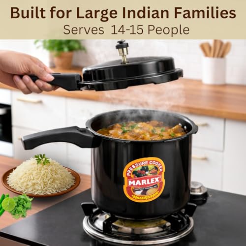 Image of Marlex Maestro 12 Litres Hard Anodised Pressure Cooker - 5 Year Warranty ISI Certified - Gas Stovetop Compatible - Ideal for Large Family, Commercial Use, Durable Black Cooker with Safety Valve