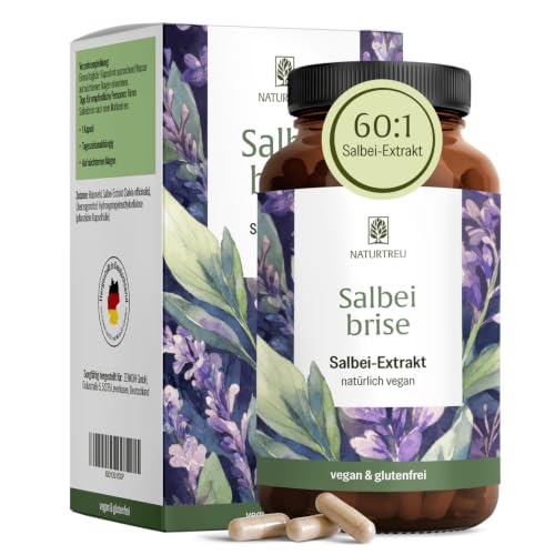 NATURTREU Salbei Kapseln hochdosiert - 100mg Salbeiextrakt (60:1) - 6000mg pro Kapsel - Salvia Officinales mit 2 5% Rosmarinsäure - 120 Salbei Extrakt Kapseln vegan