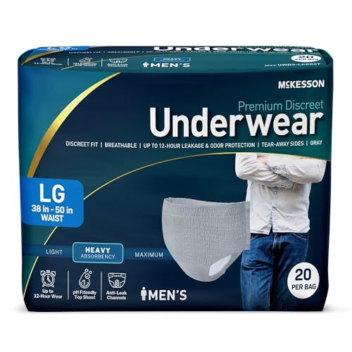 McKesson Premium Discreet Underwear for Men (20 Adult Briefs) - Pull-On Disposable Incontinence Briefs, Tear Away Seams, Heavy Absorbency, 12-Hour Leak & Odor Protection - Large, 38-50 in.