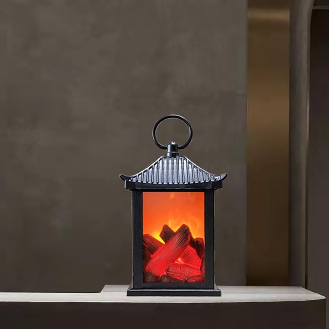 Small Cozy Fireplace Lantern Traditional Realistic Log Wood Burning Flame Effect Ligh LED Charcoal Style Table LampFor Indoor &amp; Outdoor Use(5.3''X5.3''X11'')