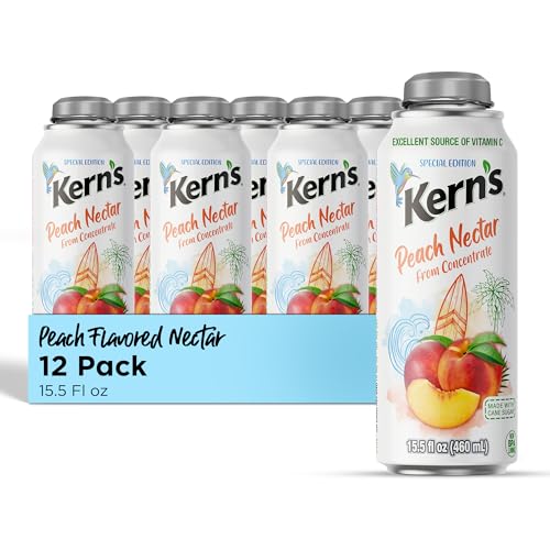 Image of Kern's Peach Nectar Lata Botella - Made with Fresh Fruit Puree & Peach Juice Concentrate for Fruit Smoothie Mix, Cocktail Mixers & Kids Beverages - 15.5oz, 12 Pack Resealable Juice Bottles