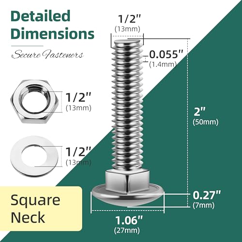 Image of (8 Sets) 1 /2-13 x 2 Carriage Bolts with Nuts and Washers, 304 Stainless Steel Round Head Square Neck 3 /8 Carriage Bolts Screws, Full Thread for Outdoor