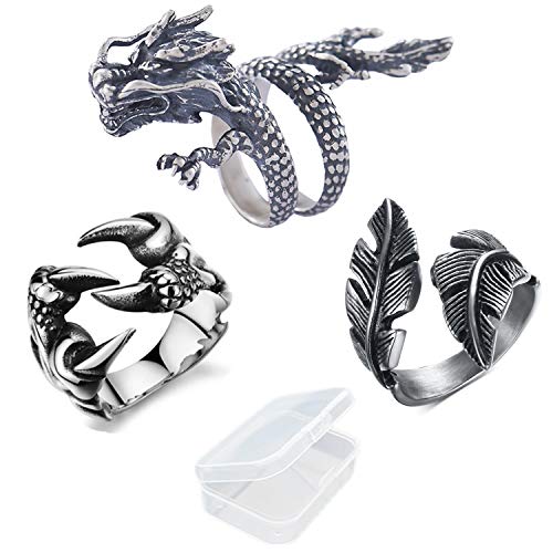 PPX 3 Pcs Réglable Punk Rock Gothique Loup Dragon Griffe et Plume Vintage et Dragon Chinois Shenlong Griffe pour Hommes Femmes Vintage Bagues Coffret