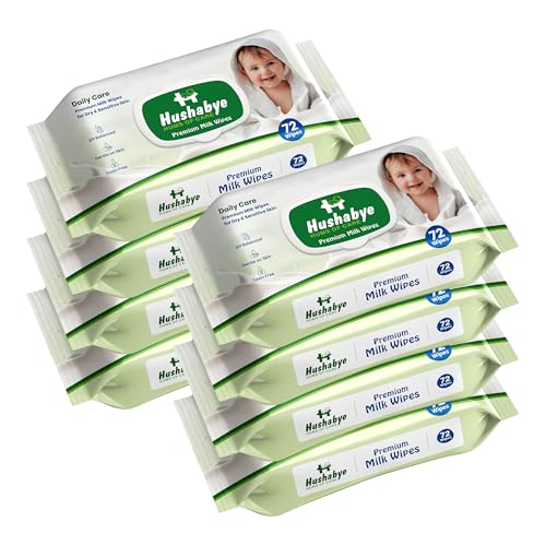 Image of Hushabye Premium Milk Baby Wipes with lid- 0+ Months, pH balanced, Paraben & Alcohol Free, Moisturising & Thick Wipes with purified Water, Gentle & soothing, 576pcs, Pack of 8