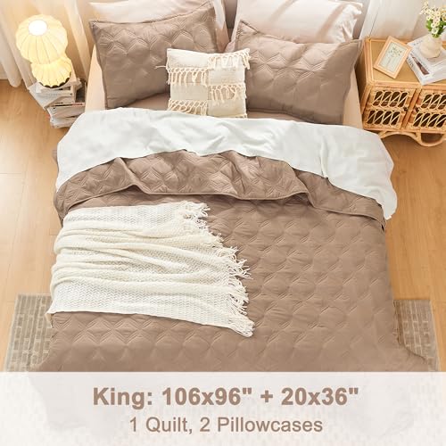 Image of Litanika King Size Quilt Bedding Set, Taupe Summer Lightweight Soft Comforter Bedspreads & Coverlets, Boho Farmhouse Bedding Cover Bed Decor All Season, 3 Pieces (1 Quilt, 2 Pillowcases)