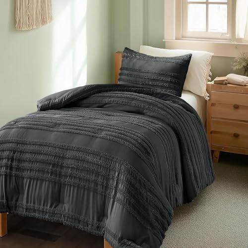 Image of BEDELITE Boho Twin /Twin XL Comforter Set,Dark Grey Tufted Striped Bed Set 2 Pieces, Soft Vintage Farmhouse Comforter for College, Boho Home Dorm Decor, Fluffy Jacquard Bedding with 1 Pillow Sham