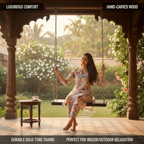 Image of APRODZ Swing for Home Reversible Sheesham Wooden Jhula for Adult for Home | Wooden Swing for Balcony | Hanging Swings with Brass Coated Chain | Patio Double Seater Indoor /Outdoor Swing, 121 x 61 cm