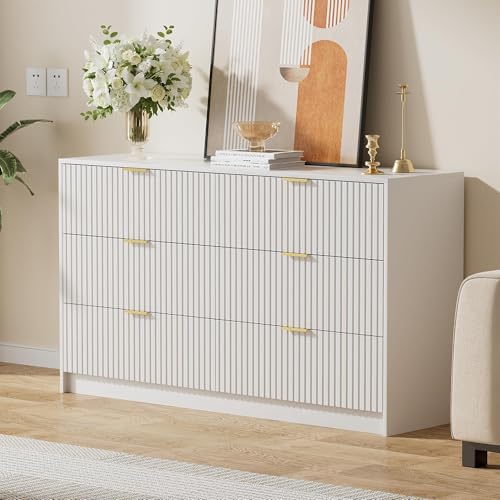 Image of Furniway 3 Piece Bedroom Set, 6 Drawer Dresser and Nightstand Set of 2 with Gold Handles, Modern Wood Chest of Drawers Storage Cabinet for Bedroom, White