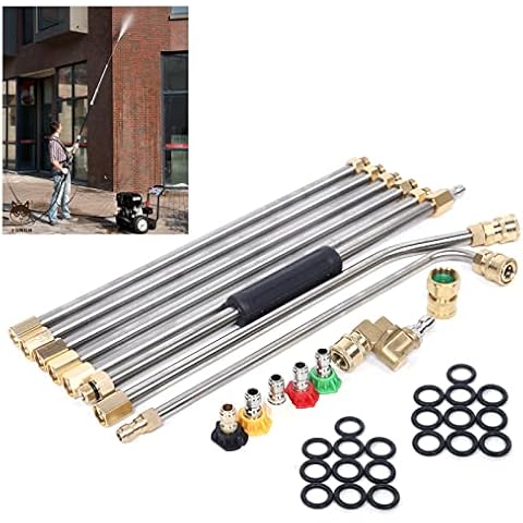 SanBouSi 1/4" Gutter Cleaning Tools Pressure Washer 30°+ 90° Extension Wands Set, 4000 PSI High Pressure Washer Gun Extension Rod Roof Cleaner Window Washing Accessories with 5 Nozzles Cover
