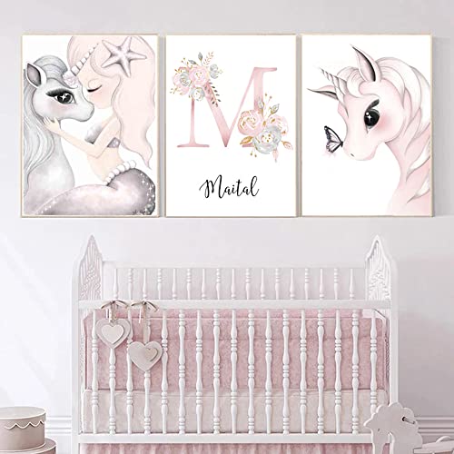 Youihom 3 Cuadro con Nombre Personalizado Bebe 30 x 40 cm Laminas Decorativas Unicornio Mariposa Rosa Póster Infantil Lienzo Habitacion Niña Poster Infantiles para Pared sin Marco