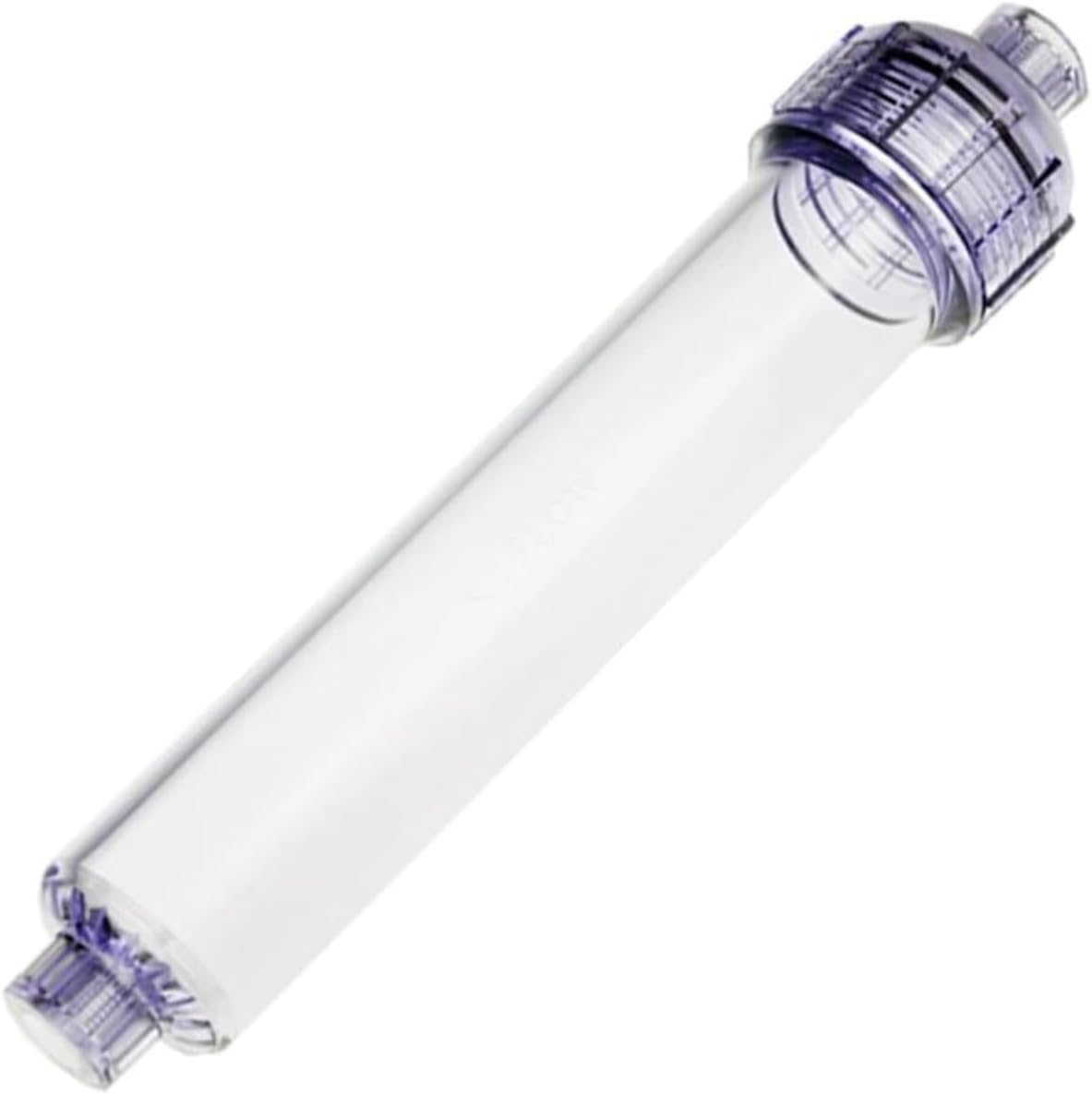 Angled view of the clear empty refillable inline water filter cartridge, showing both threaded ends.