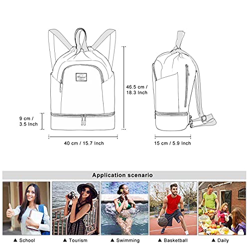 Image of KAMO Drawstring Backpack Bag - Sport Swimming Yoga Backpack with Shoe Compartment, Two Water Bottle Holder for Men Women Large String Backpack Athletic Sackpack for Travel
