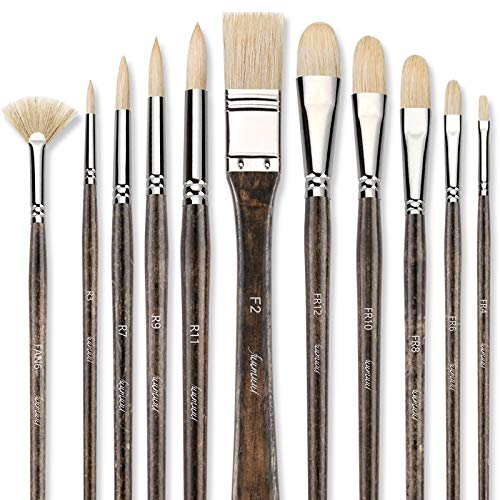 Professional Oil Paint Brush Set, Fuumuui 11pcs Superior Geniune Hog Bristle Paint Brushes Perfect for Oil Acrylic Painting