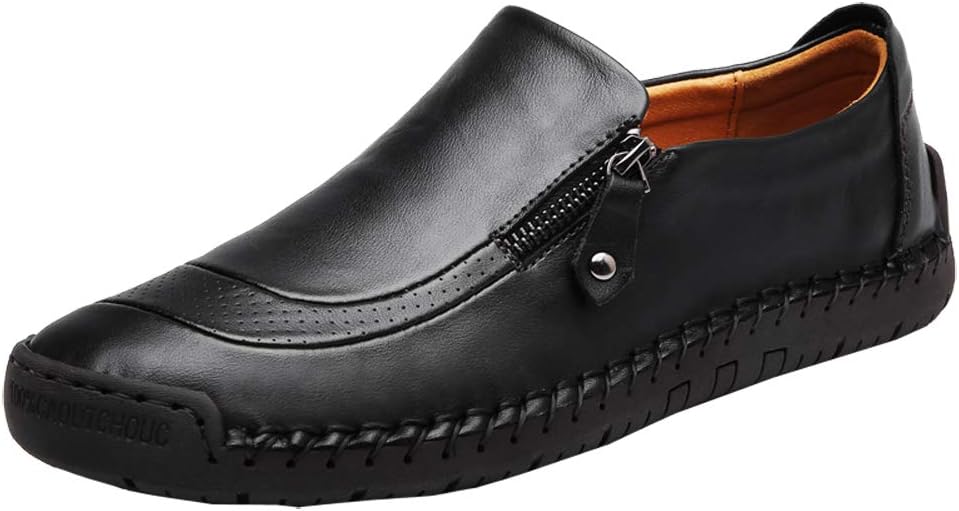 Men's Driving Casual Loafers Zipper Non-Slip Light-Weight Soft Comfortable Oxford Walking Shoes Black