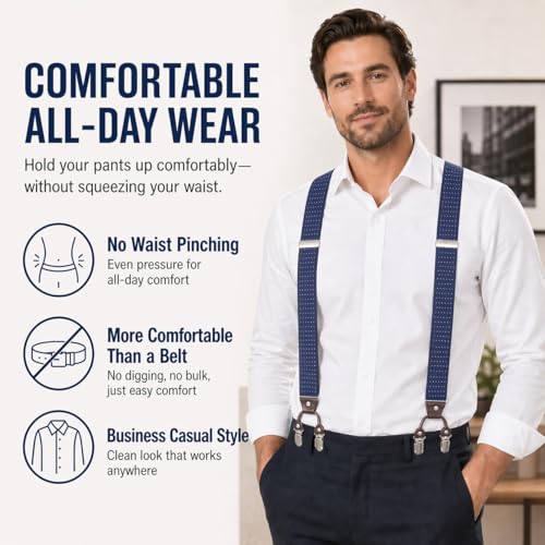 Image of Men's Heavy Duty Y-Back Suspenders, 6 Strong Metal Clips Adjustable Elastic Straps for Work, Tuxedos, and Daily Wear