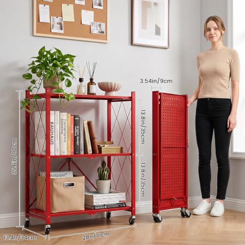Image of DEANIC 3 Tier Foldable Storage Shelves with Wheels, Kitchen Appliance Stand, Freestanding Metal Wire Shelf Rack, No Assembly Organizer Rolling Cart for Garage, Basement, Pantry(Red Pack of 2)