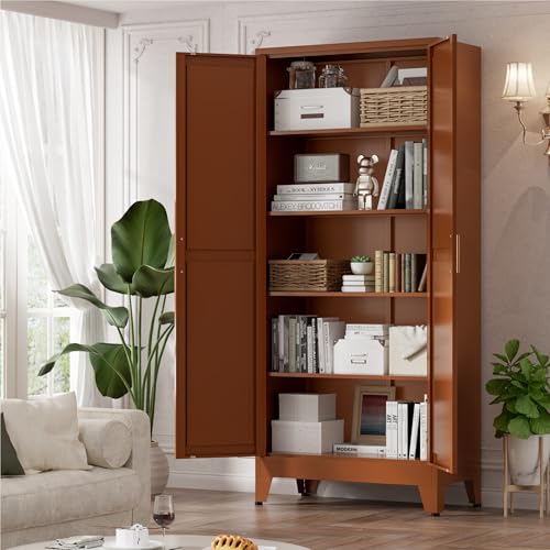 Image of LCAOPC 71 inch Tall Metal Storage Cabinet with 2 Doors and 4 Adjustable Shelves, 5-Tier Kitchen Pantry Storage Cabinet for Kitchen, Living Room, Dining Room and Office, Brown