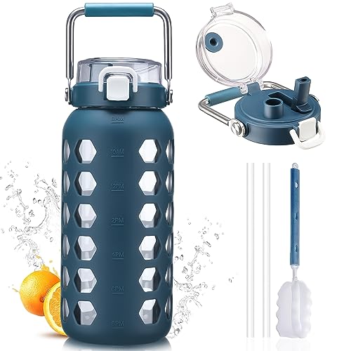Image of MUKOKO 64oz Glass Water Bottle with Straw and Lid, Blue