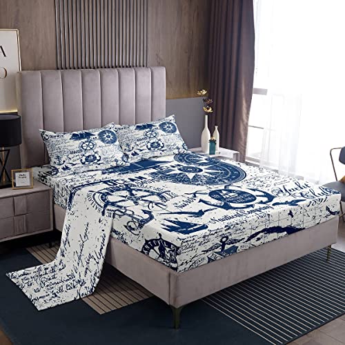 jejeloiu Kids Anchor Decor Sheet Set Full Size Rudder Print Bed Sheets Set Nautical Themed Sheets with Deep Pocket Fitted Sheet Sea Adventure Blue Bedding Set with 2 Pillow Case