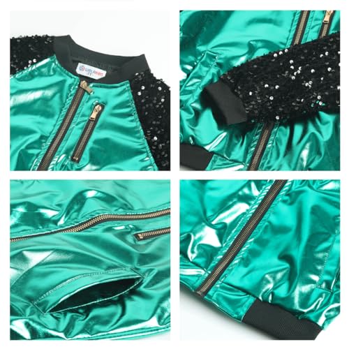 Image of WELAKEN Girls Sequin Sparkle Zip Bomber Jacket | Sequin sleeves, shiny bomber style, ribbed trim, smooth zipper and side pockets for party, dance, school and photos