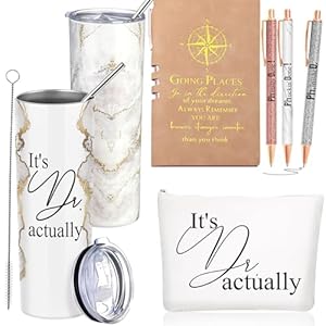 6 Pcs It’s Dr Actually Gift Set 2024 Graduation Gift for PhD Student Doctorate Degree Physician White Gift for Women Men 20oz Marble Sign Tumbler Gift Makeup Bag Journal Ballpoint Pen