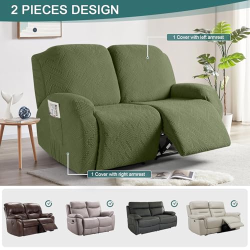 Image of Ruaozz Recliner Loveseat Covers 2 Pieces Recliner Sofa Covers with Pockets Stretch Reclining Couch Slipcover Washable Furniture Protector with Elastic Bottom (2 Seater, Army Green)