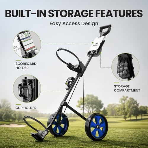 Image of 2-Wheel Golf Pull Cart - Lightweight Foldable Golf Push Cart with Durable Steel Frame, Adjustable Web Straps, Compact Design for Walking Golfers