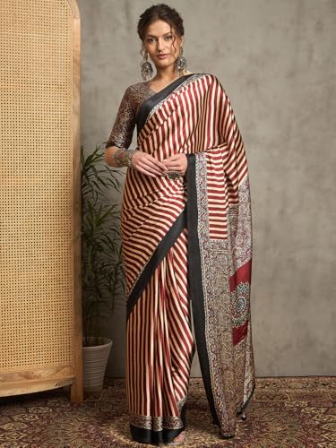 Image of AKHILAM Women's Pure Crepe Striped Printed Saree With Unstitched Blouse Piece