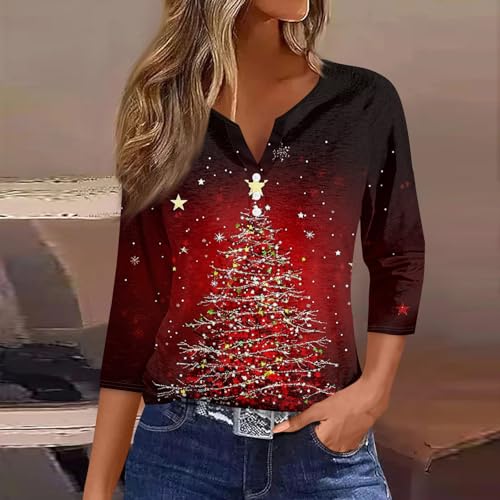 Image of Women Christmas Shirt 3 /4 Length Sleeve Henley Tops Xmas Outfits