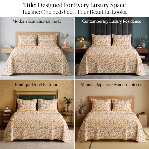 Image of BSB HOME 240 TC Cotton Double Bedsheet with 2 Pillow Covers, Soft & Breathable Floral Print Bed Sheet, Fade Resistant, Easy Care Bedding Set, 90 x 100 Inches (228 x 254 cm)- Ochre & Charcoal Botanical